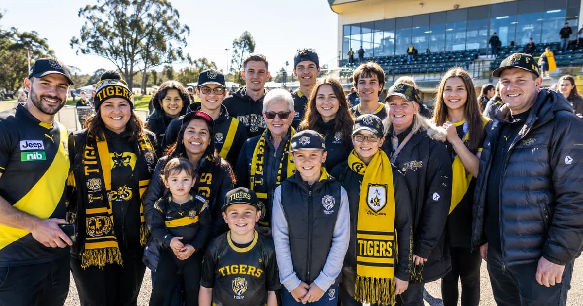 A large group of Tigers supporters wearing black and gold team colors and scarves pose together outdoors at a stadium.