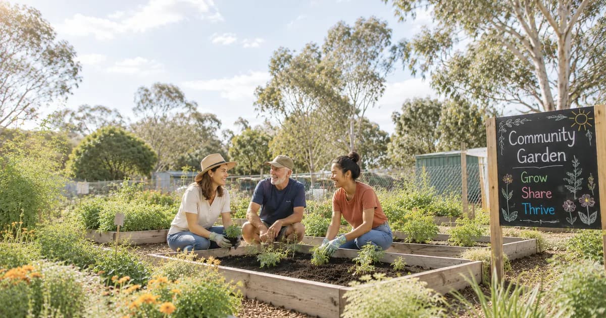 Three volunteers tending plants in a community garden with raised beds and a "Grow Share Thrive" sign.